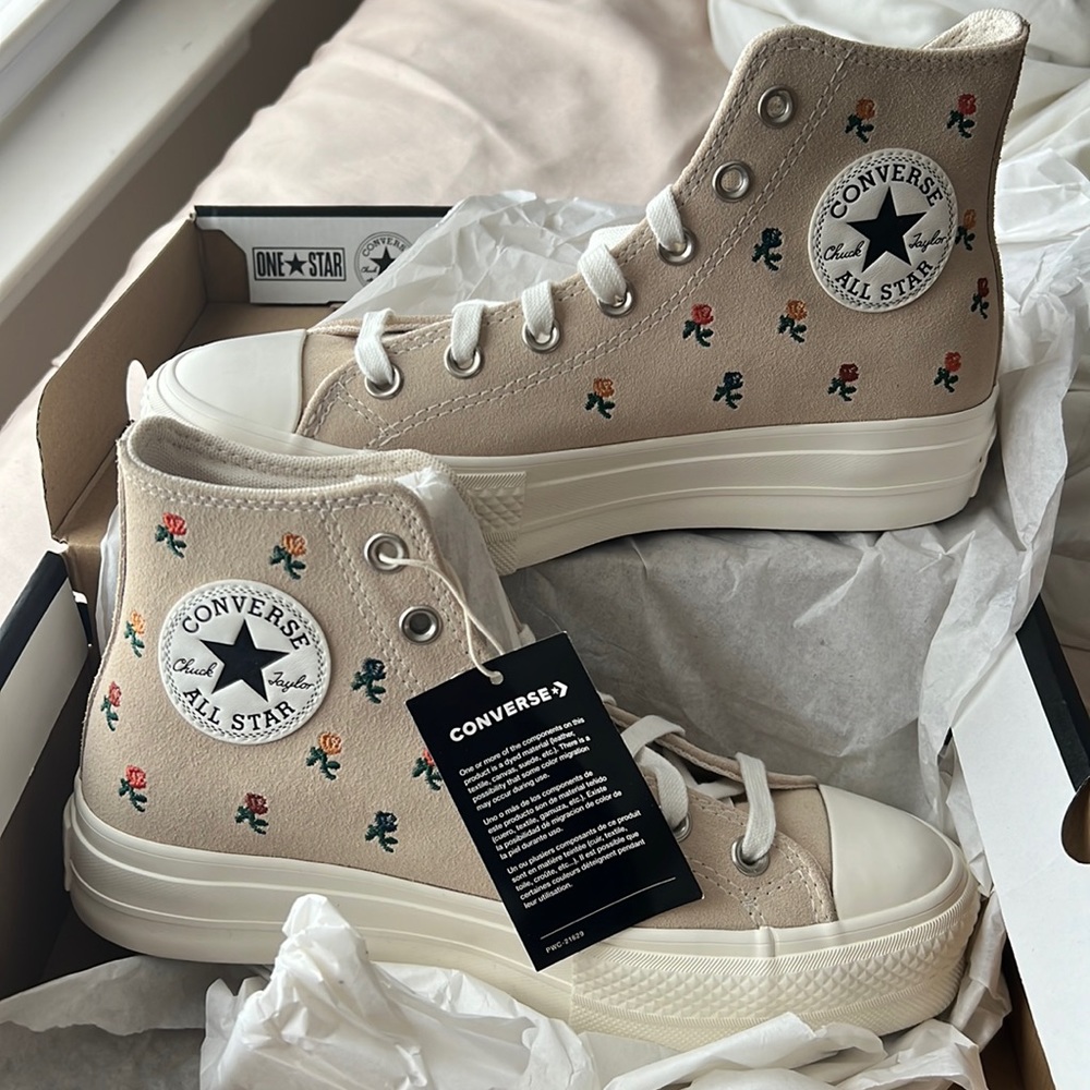Converse Shoes Women’s Floral Embroidered Tan High Top Platform Sneaker